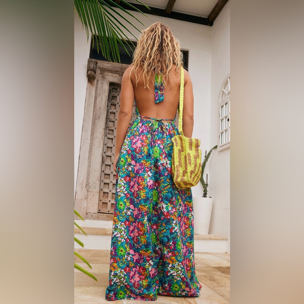 Free People Nouveau Tropic Plunging Halter Neck Linen Blend Bare Back Maxi ZB2 - Picture 6 of 13